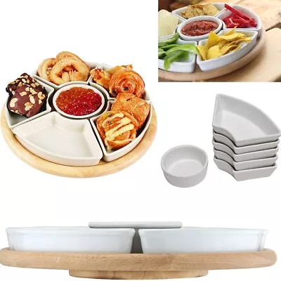 Bamboo Rotating Dip Set & Ceramic Dishes Lazy Susan With 6 Ceramic Dishe Platter • £30.99