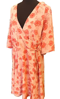 Torrid Midi Dress Womens 26 Chiffon Faux Wrap Dress Floral Spring Easter Peach • $24.95