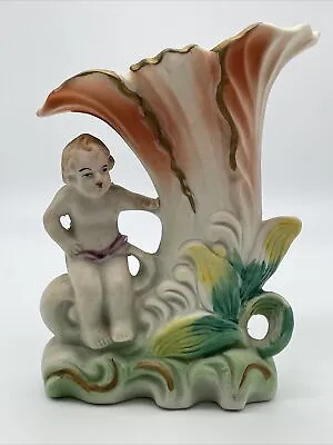 Vintage Japan Bisque Cherub Cupid Angel Vase Figurine Horn Planter Bud Vase • $18