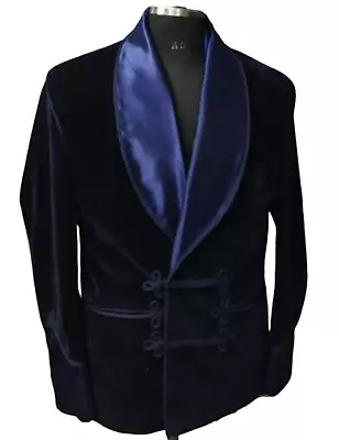 Blue Men Vintage Velvet Smoking Jacket Robe Shawl Lapel Tuxedo Blazer Tailored • $179