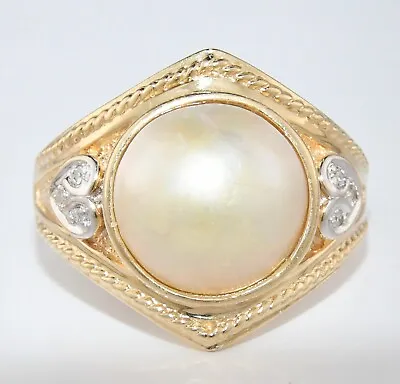 Estate 14K Yellow Gold 12MM Mabe Pearl Diamond Heart Accent Ring Size 9 1/4 • $559