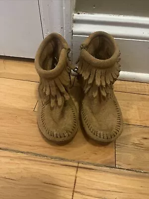 Toddler MINNETONKA Brown Suede Double Fringe Side Zip Moccasin Size 8 • $15