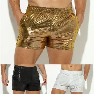 Men Wet Look Faux Leather Shorts Pouch Boxer Briefs Clubwear Underwear Hot Pants • £11.63