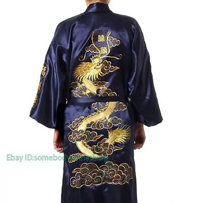  Navy Blue Chinese Men's Satin Silk Robe Embroidery Kimono Bath Gown Dragon • $44.41