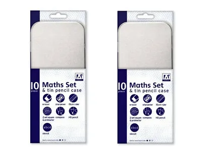 2 Pack Tinned Maths Set - 10 Piece School Exam Protractor Compass Pencil Eras... • £4.79