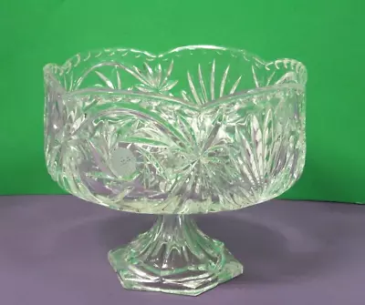Vintage Cut Glass 6.5  Pedestal Bowl Sunburst Star Pattern Hexagon Base • $24.99