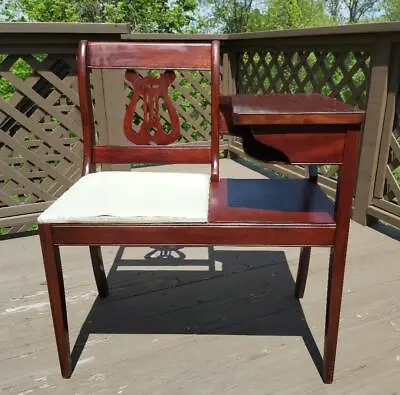 1940s Vintage Openwork Lyre Harp Slat Telephone Table  Gossip Bench ! • $275