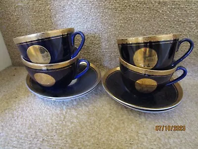 Lomonosov USSR - Set Of 4 Moscow Cups And Saucers In Cobalt Blue And Gold • £38