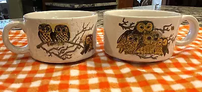 Vintage Owl Family Speckled Soup Mugs Retro MCM Coffee Cups Ceramic Lot Of 2 • $24.95