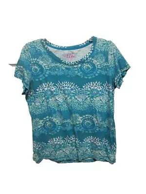 Made For Life Woman Top Size PL Turquoise White Floral Round Neck Short Sleeve  • $7.99