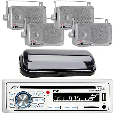 Marine Boat CD MP3 AM/FM Radio Player & Bluetooth 4 Silver Box Speakers & Cover • $139.99