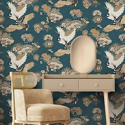 £11.95 • Buy Rasch Akari Kyoto Cranes Wallpaper Japanese Birds Flowers Floral Teal 282770