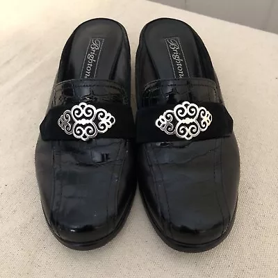 Brighton Avery Black Patent Leather Mules Slides Silver Scroll Detail Size 6M • $19.95