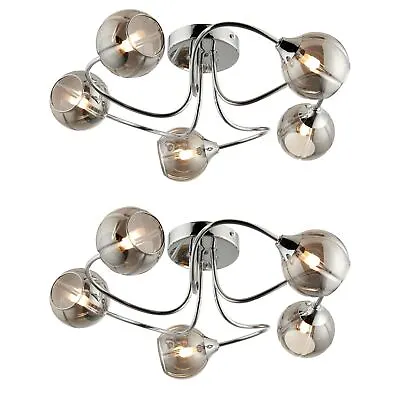 Set Of 2 Modern Ceiling Lights 5 Arm Flush Swirl Chrome Smoked Glass Shades • £39.99