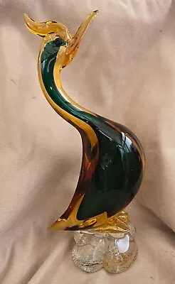 Vintage (1950s) Murano Sommerso 10.5 Inch Crested Glass Bird In Green & Gold • £5