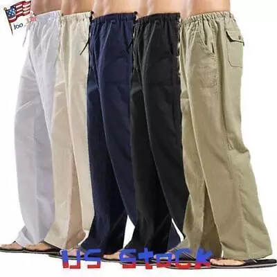 Men's Summer Cotton Linen Chino Pants Casual Drawstring Elastic Baggy Trousers • $18.57