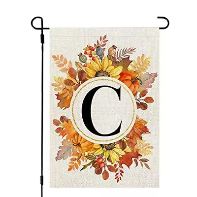 CROWNED BEAUTY Fall Monogram Letter C Garden Flag Sunflower Pumpkin Leaves 12... • $10.35