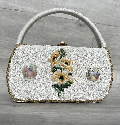 1960S Embroidered White Wicker Purse Vintage Hand Made In British Hong Kong • $29.99