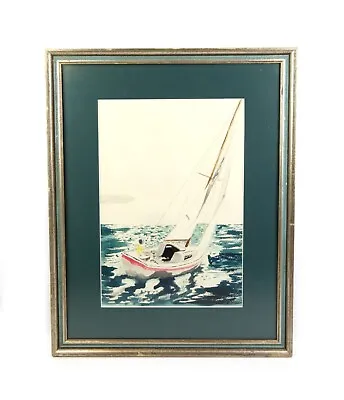 Vintage Watercolor Painting Seascape Sailing Boat Ocean Signed • $25