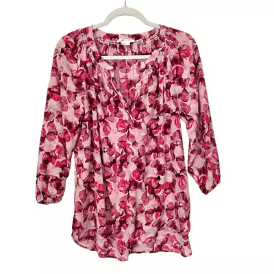Max Studio Silk Floral Blouse Medium Pink Roses Feminine V Neck 3/4 Sleeves • $28.80