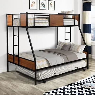 Metal Bed Platform Twin Over Full Bunk Bed Frame With Trundle & Two-side Ladders • $299.99