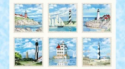 23  Fabric Panel - Elizabeth's Studio Beacons Of Light Lighthouse Ocean Block • $8.98