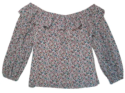 Womens Top Large Cream Floral Peasant Puff Sleeves Off The Shoulder Pink Lily • £13.61