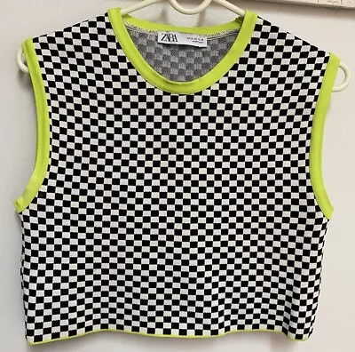 Zara Sleeveless Black White Neon Cropped Sweater Sleeveless Vest Women's Medium • $24.99