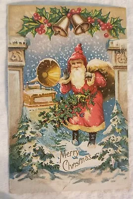 SANTA CLAUS With PHONOGRAPH Victrola Christmas Vintage Postcard Germany Serie 45 • $24.95