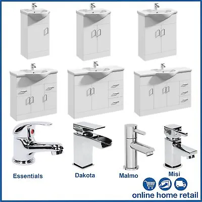 Freestanding Vanity Unit Basin Sink White Bathroom Furniture Taps & Waste Bundle • £119.97