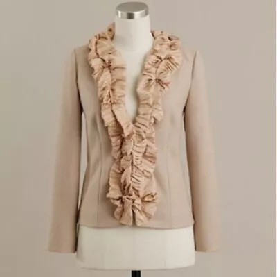 J.Crew Jacket Women's Tan Wool Pleated-Silk Chimera Ruffled Jacket Sz 14 #18424 • $44.99