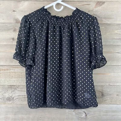 J Crew Womens Shirt Ruffle Neck Top Foil Clip Dot Short Sleeve Black Gold Medium • $19.99