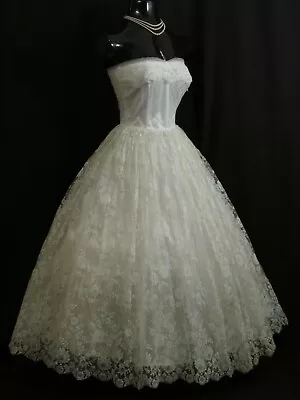 Vintage 1950's 50s STRAPLESS  Silk Lace Prom Party Wedding Dress Gown • $499.99