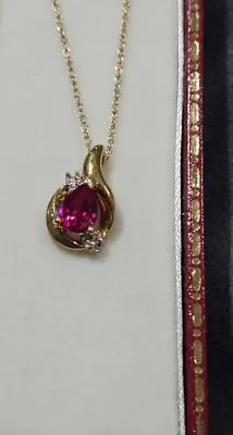 Vintage 10ct Yellow Gold & Diamond / Man Made Ruby  Pendant Necklace • $82.11