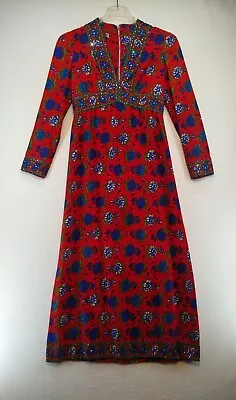 Mardi Gras ~ Dress Sz Lg - New York 60s Red Blue Floral V-Neck A-Line Sheath Vtg • $75