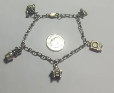 Vintage Charm Bracelet W/5 Vintage Charms All Sterling Silver 7  • $26