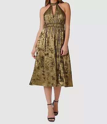 $245 Aidan By Aidan Mattox Women's Gold Cutout Halter A-Line Dress Size 0 • $78.78