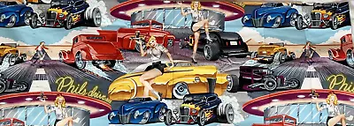 RPX71 Phils Diner SEXY PIN UP GIRLS CAR HOP MUSCLE CAR Cotton Quilt Fabric 16x43 • $19.97