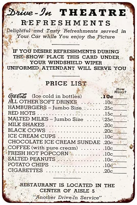 Metal Sign 1950 Drive In Theater Menu Vintage Look Reproduction 8 X 12 • $21.95