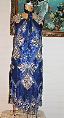 Vintage 1970's Saks Fifth Ave Chanson D' Amour Silk Bead & Sequin Flapper Dress • $160