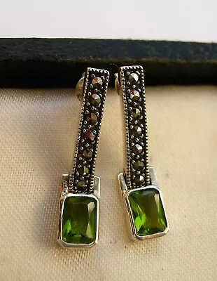 Exquisite Vintage Sterling Silver Peridot & Marcasite Drop Dangle Earrings - Vgc • £40