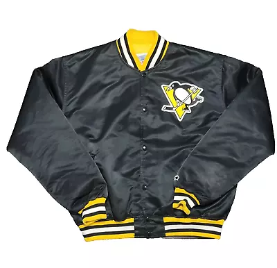 VTG Pittsburgh Penguins Starter Jacket Mens XL Black Yellow Satin 80s USA Made • $135