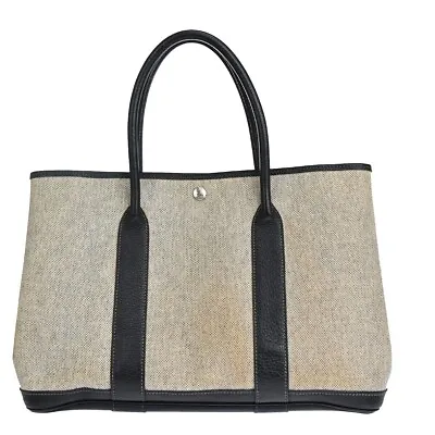 HERMES Logo Garden Party PM Hand Tote Bag Toile H Leather Black SHW 16YD662 • $596.60