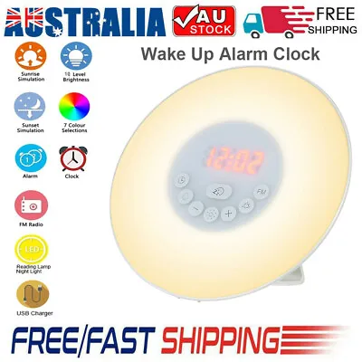 $36.14 • Buy Wake-up Light Sunrise Alarm Clock LED FM Radio Bedside Sounds Night 7-Color Lamp