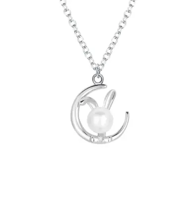 18  925 Sterling Silver Star Moon Rabbit Bunny Pearl Pendant Necklace Women • $16.95