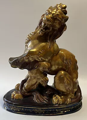 Majolica Gold Lion Statue Vintage Antique 13.5”x11”x6” • $240