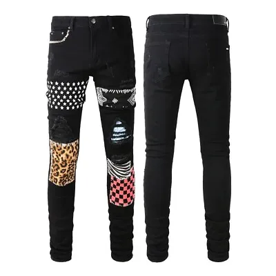 Men Punk Leopard Patchwork Print Skinny Fit Denim Moto Biker Black Classic Jeans • $59.17