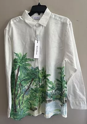 $89 Men’s Caribbean White Palm Tree Tropical Linen Button Down Shirt Sz Large • $15.74