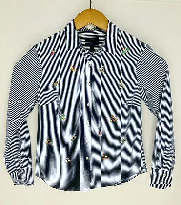 J. Crew Perfect Fit Size 4 Embellished Shirt Bees & Bugs Jeweled Striped Blue • $33.88