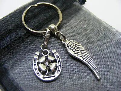 £3.95 • Buy Angel Wing & Lucky Clover Horseshoe Charm Keyring With Gift Bag (NC)